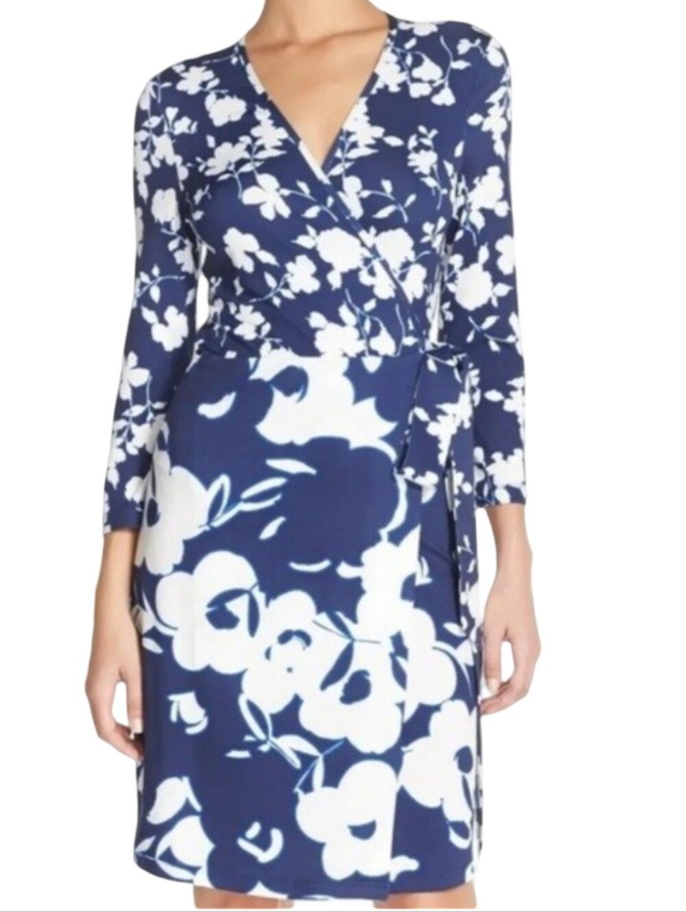 Charles Henry Floral Jersey Knit Midi Wrap Dress Navy Blue White S 3/4 Sleeve